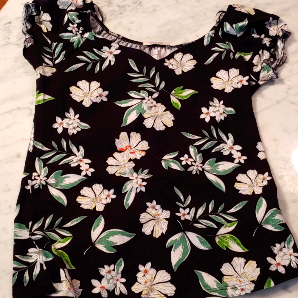 Black v neck cotton top with bright flowers